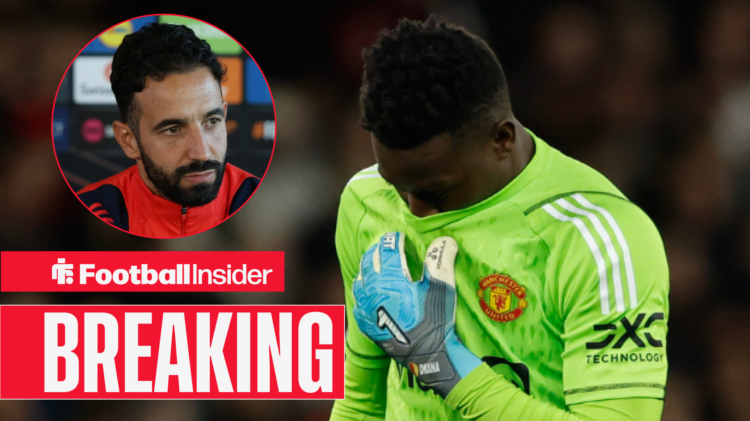 Andre Onana with his head down after a game for Man United, with Ruben Amorim pictures in a circular inset