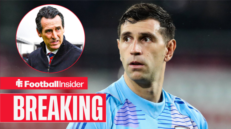 Emiliano Martinez looking over his shoulder, with Unai Emery in a circular inset