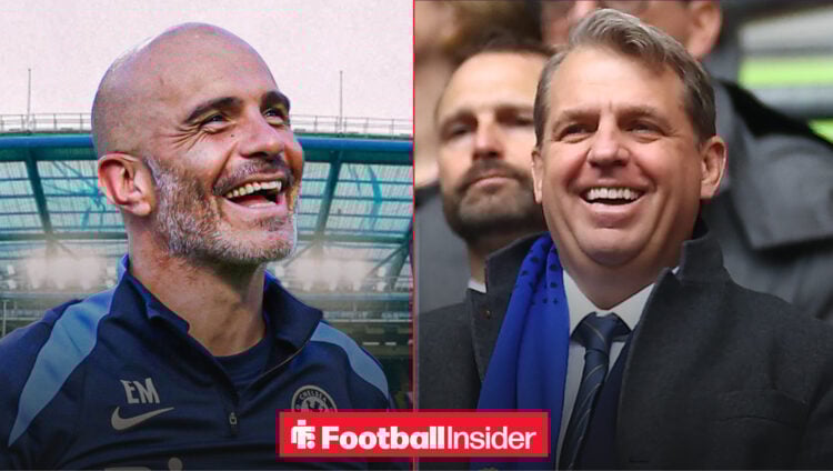 Enzo Maresca smiling in a Chelsea training jersey alongside Todd Boehly smiling