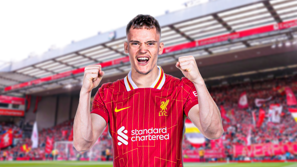 Florian-Wirtz in a Liverpool shirt against a backdrop of Anfield.