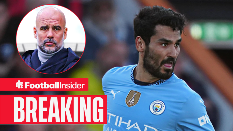 Ilkay Gundogan in action for Man City with Pep Guardiola in a circular inset