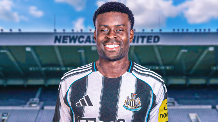 Marc-Guehi in a Newcastle shirt against a back drop of St James' Park.