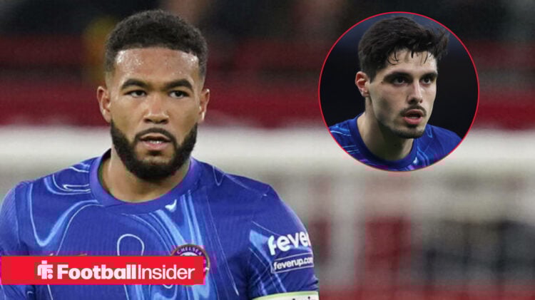 Reece James in action for Chelsea with Pedro Neto pictured inset