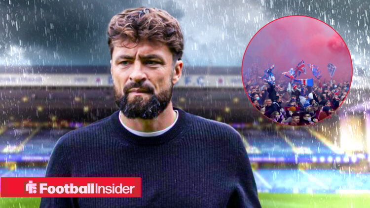 Russell Martin in front of a rainy Ibrox backdrop, with Rangers fans pictured in a circular inset