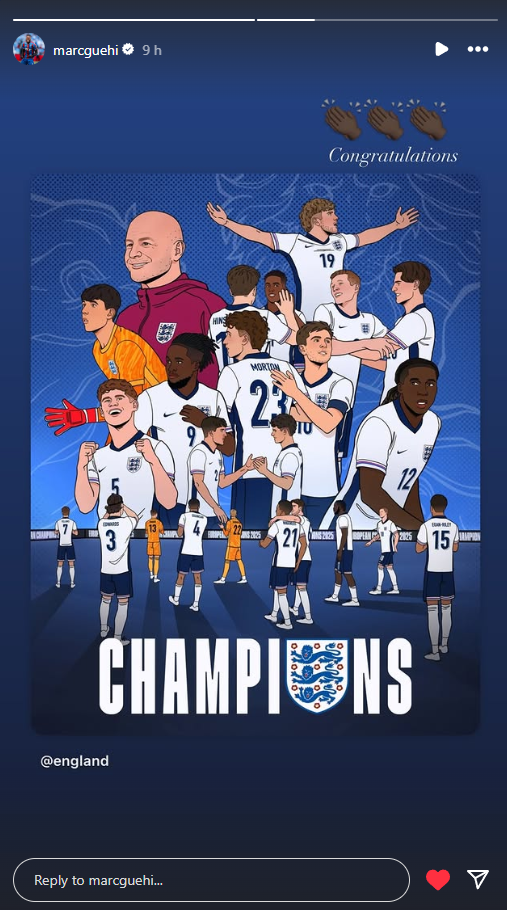 Marc Guehi Instagram story congratulating England U21s