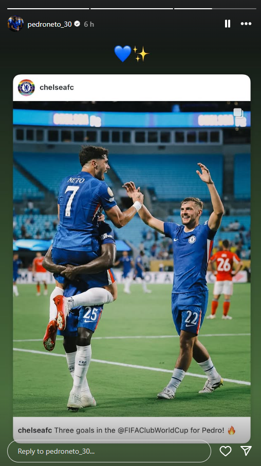 Pedro Neto's Instagram story after Chelsea v Benfica