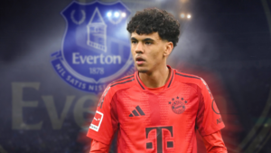 Everton left-back Adam Aznou in his former Bayern Munich kit