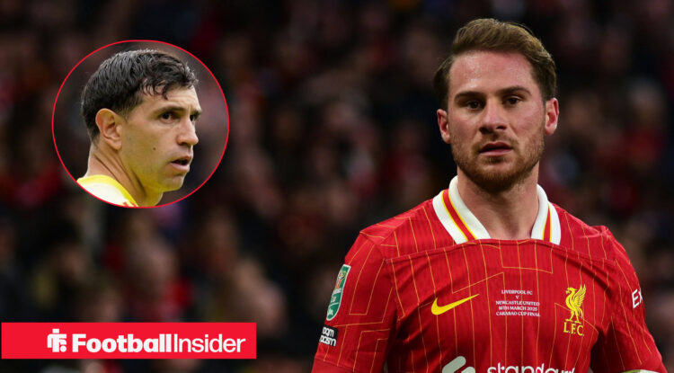 Liverpool midfielder Alexis Mac Allister alongside a head shot of Aston Villa goalkeeper Emi Martinez.
