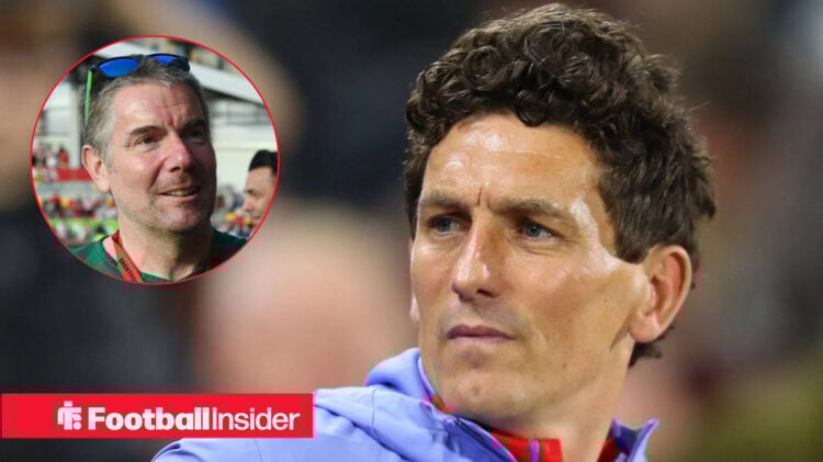 Keith Andrews on the Gtech Community Stadium touchline with Matthew Benham included in a circular inset