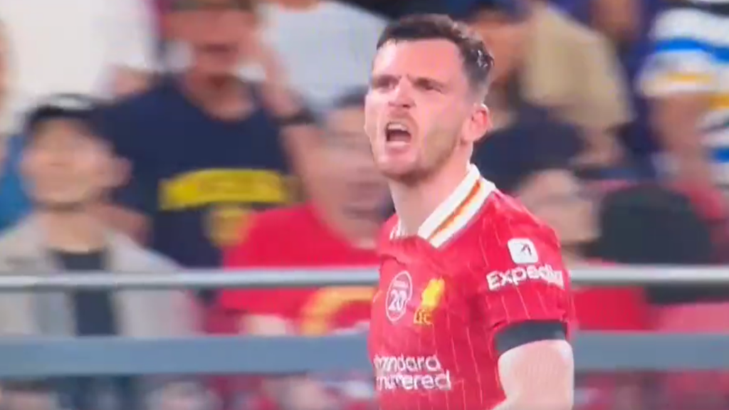 Andy Robertson shouting in Liverpool's defeat to AC Milan
