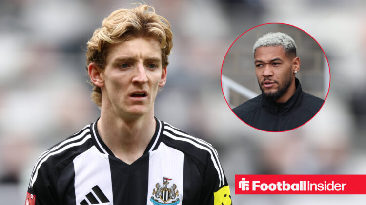 Newcastle's Anthony Gordon and Joelinton look at each other
