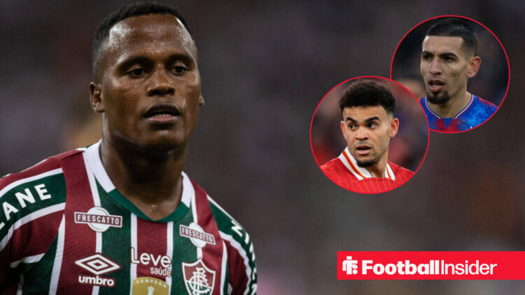 Wolves striker Jhon Arias, Liverpool's Luis Diaz and Crystal Palace's Daniel Munoz in action