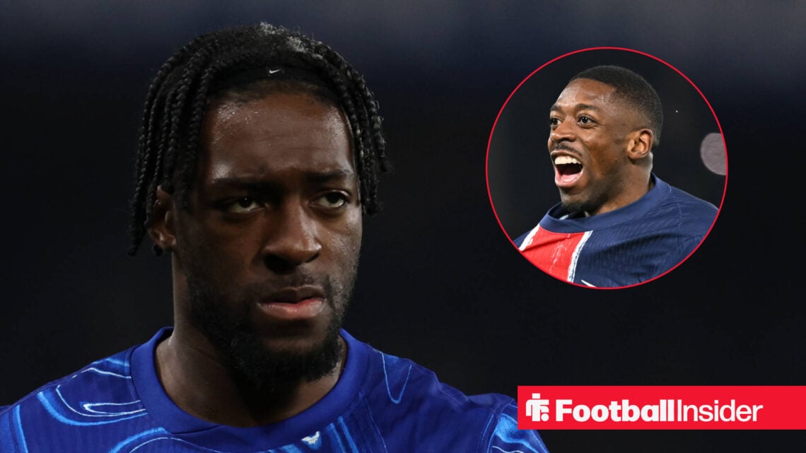 Chelsea's Axel Disasi looks at celebrating PSG star Ousmane Dembele