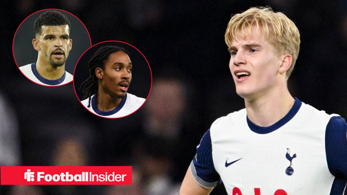 Lucas Bergvall, Djed Spence and Dominic Solanke in action for Tottenham
