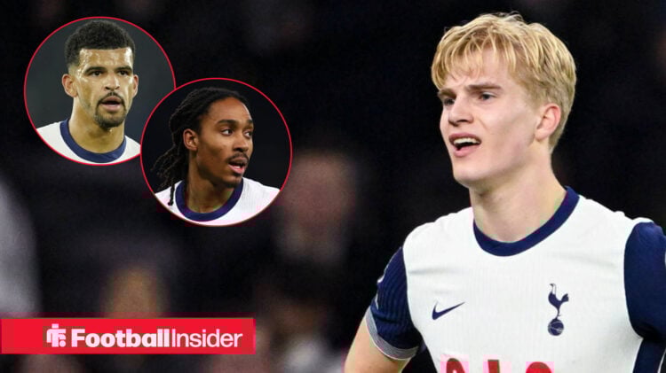 Lucas Bergvall, Djed Spence and Dominic Solanke in action for Tottenham