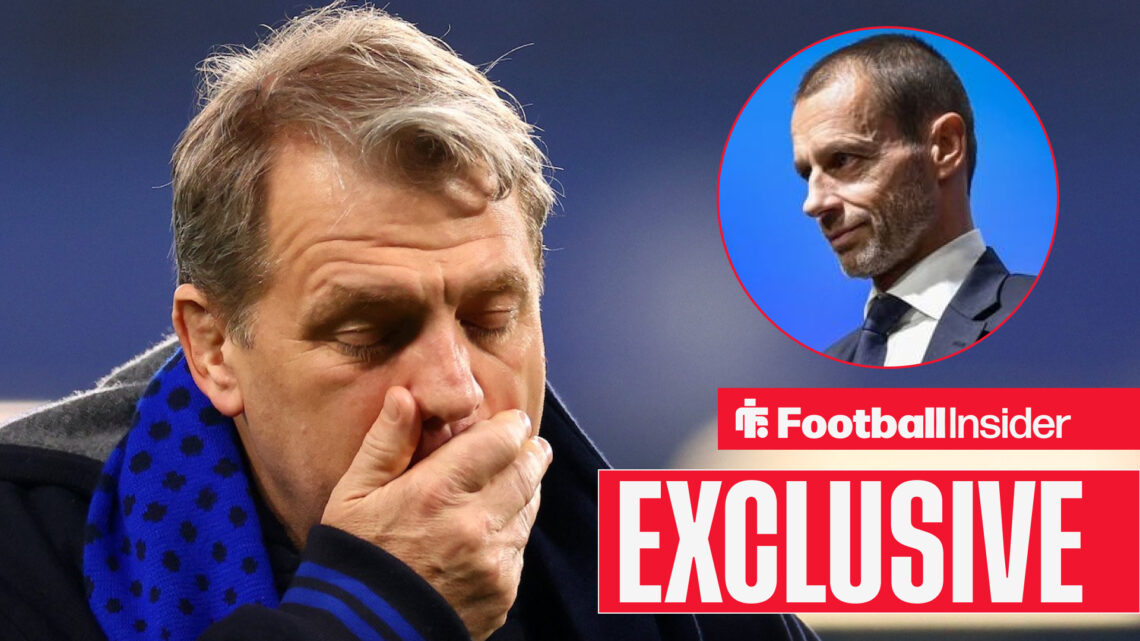 Exclusive news UEFA's Aleksander Ceferin looks at Chelsea's Todd Boehly