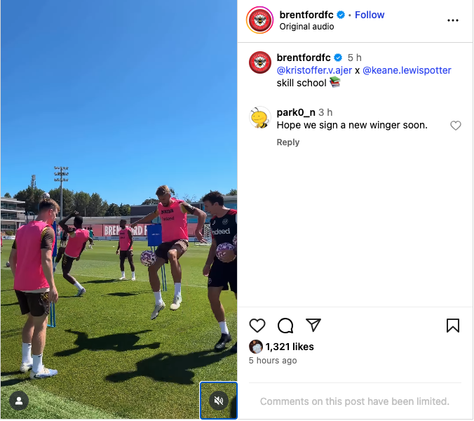 Brentford players in a training video posted on Instagram