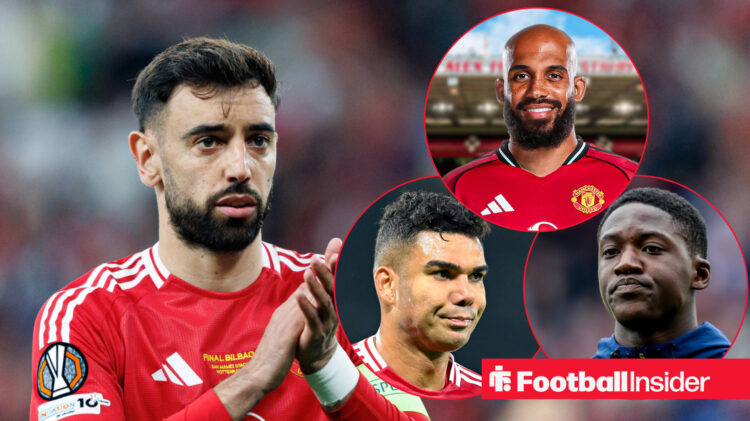 Bruno Fernandes clapping and Man United teammates Bryan Mbeumo, Casemiro and Kobbie Mainoo