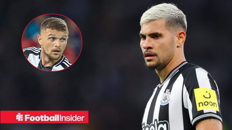 Newcastle United midfielder Bruno Guimaraes in a home shirt, alongside a head shot of team mate Kieran Trippier.