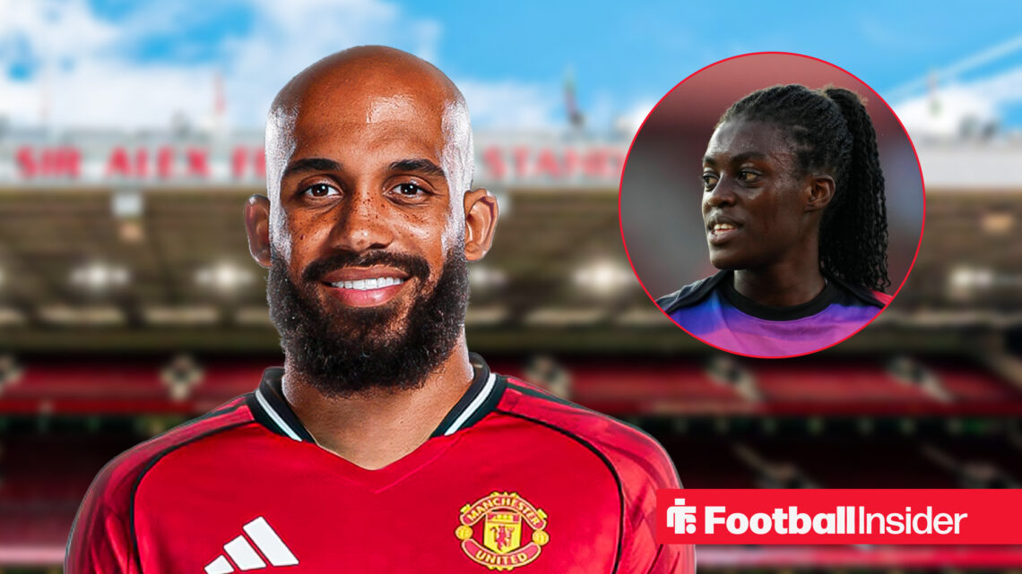 Bryan Mbeumo smiling at Old Trafford and England Women star Michelle Agyemang