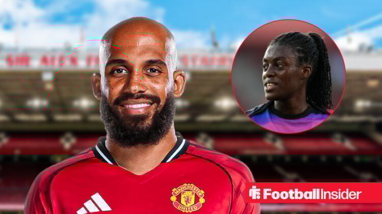 Bryan Mbeumo smiling at Old Trafford and England Women star Michelle Agyemang