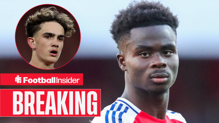 Bukayo Saka in a home Arsenal shirt alongside a head shot of Max Dowman