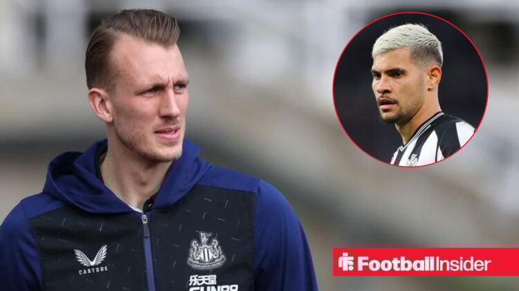 Newcastle defender Dan Burn looks at Bruno Guimaraes