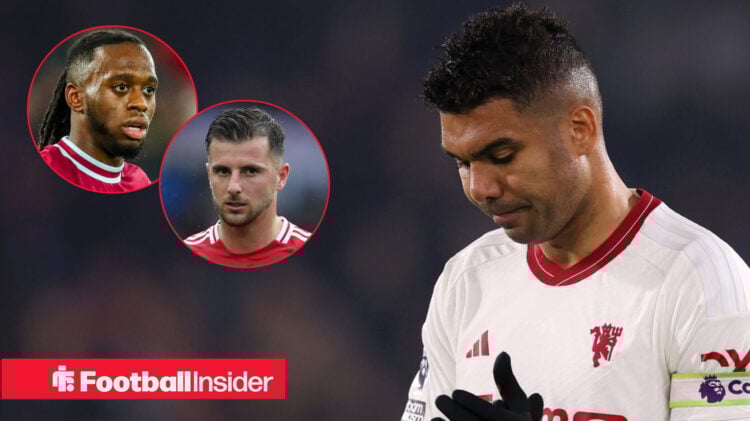 Man United midfielders Casemiro and Masoun Mount in action as West Ham defender Aaron Wan-Bissaka looks on