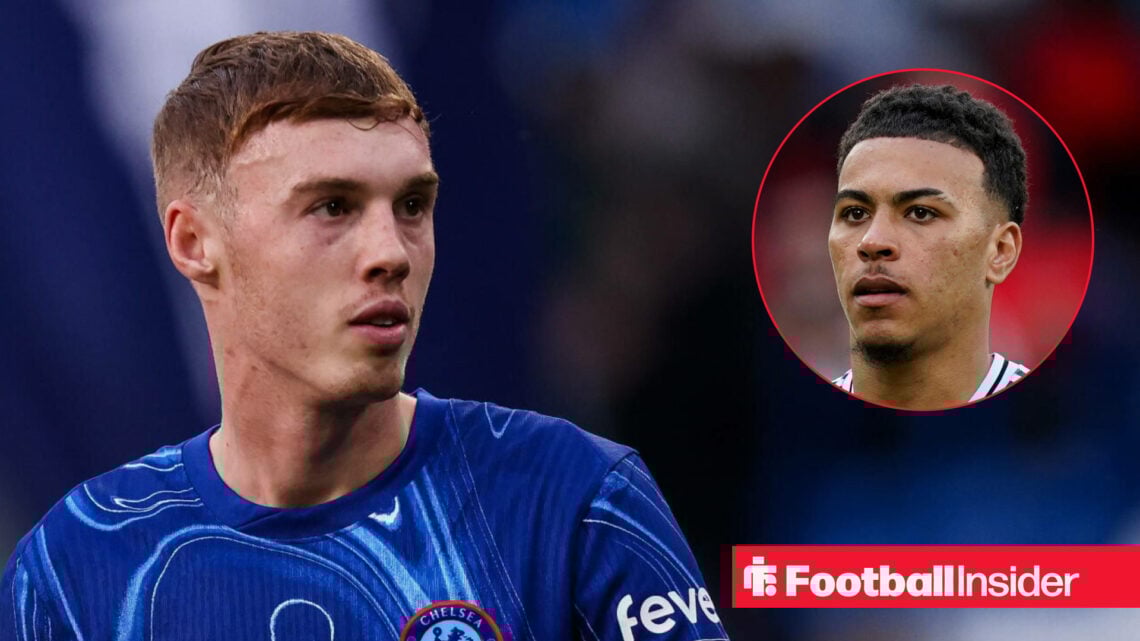 Cole Palmer in a Chelsea home shirt alongside a head shot of Aston Villa midfielder Morgan Rogers.
