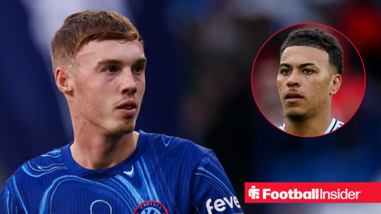 Cole Palmer in a Chelsea home shirt alongside a head shot of Aston Villa midfielder Morgan Rogers.