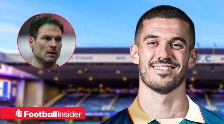 Conor Coady in a Rangers shirt against a back drop of Ibrox alongside a head shot of new Leicester recruit Asmir Begovic.