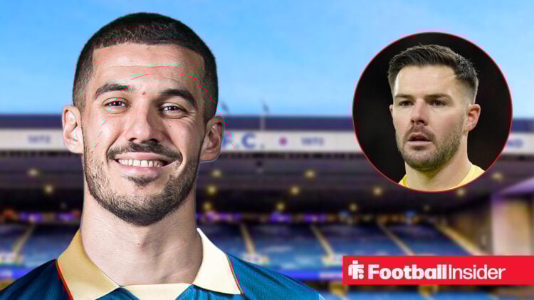 Conor Coady in a Rangers shirt with an Ibrox backdrop alongside a head shot of goalkeeper Jack Butland.