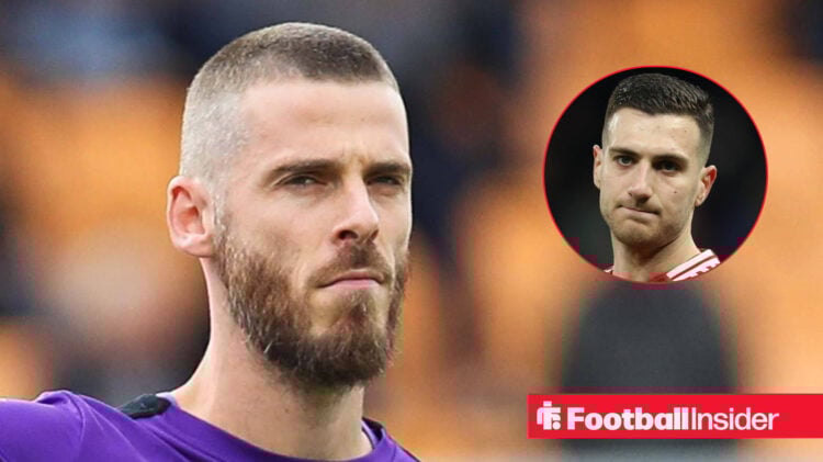 Fiorentina goalkeeper David De Gea and Man United's Diogo Dalot both in action