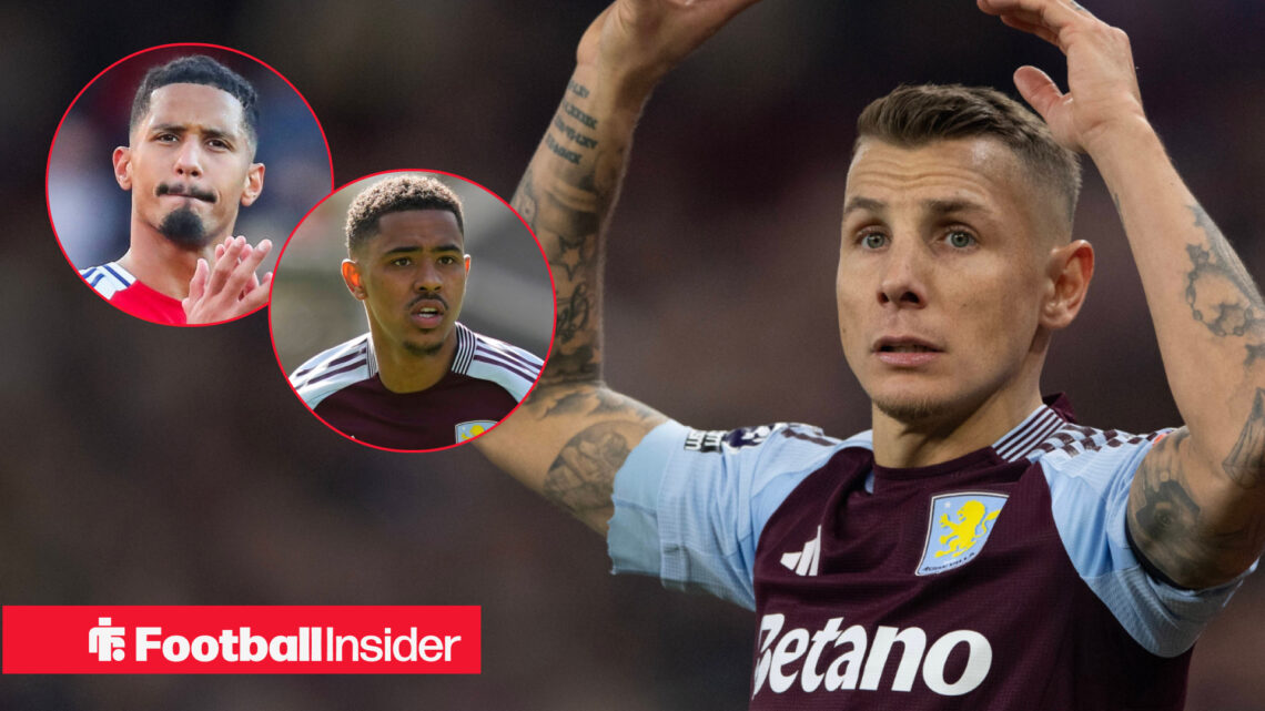 Lucas Digne and Jacob Ramsey in action for Aston Villa alongside Arsenal's William Saliba