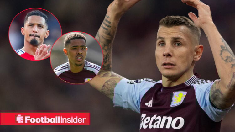 Lucas Digne and Jacob Ramsey in action for Aston Villa alongside Arsenal's William Saliba
