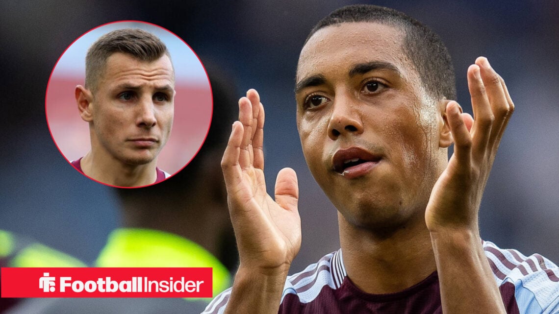 Youri Tielemans looks at Aston Villa teammate Lucas Digne