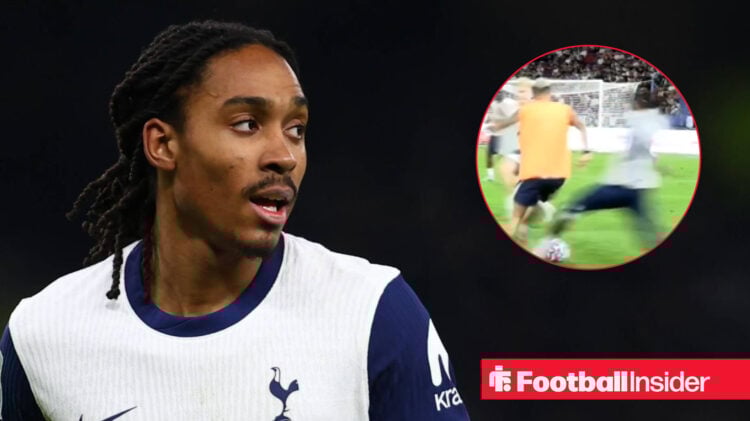 Djed Spence tackles Pedro Porro in Tottenham training