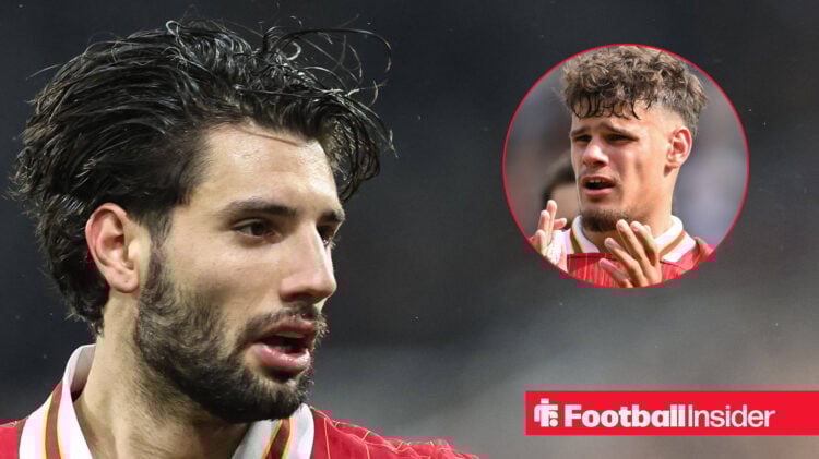 Dominik Szoboszlai in a Liverpool home shirt alongside a head shot of team mate Milos Kerkez.