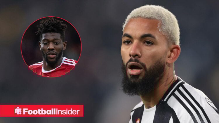 Juventus midfielder Douglas Luiz and Nottingham Forest's Ibrahim Sangare both in action