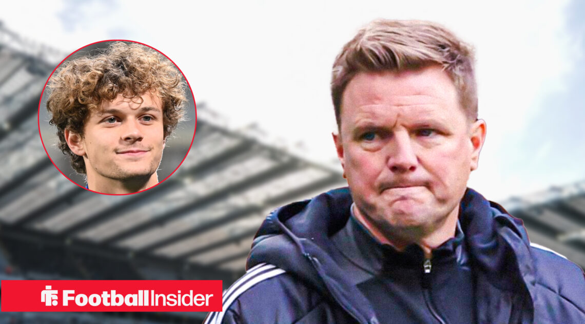 A concerned looking Eddie Howe with a back drop of St James' Park alongside a head shot of Atalanta defender Giorgio Scalvini.