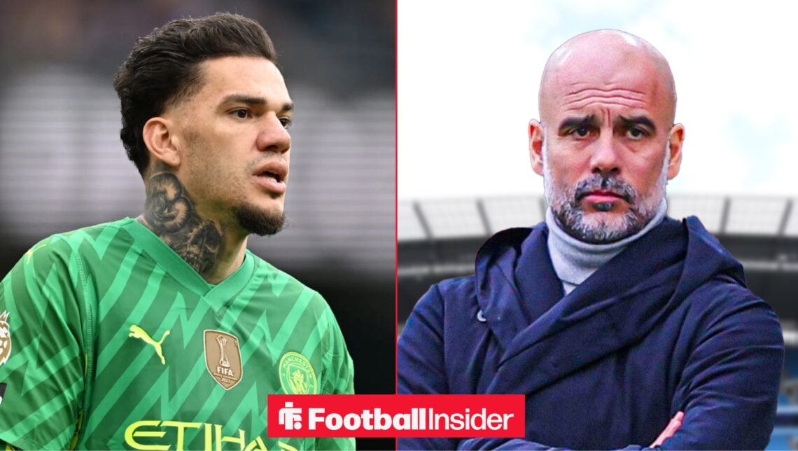 Man City goalkeeper Ederson during a game, while Pep Guardiola has his arms crossed