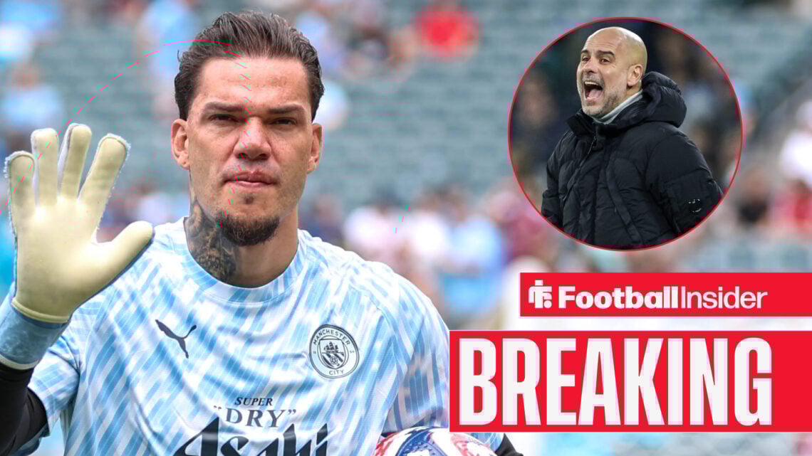Ederson waving, with Pep Guardiola shouting at Man City