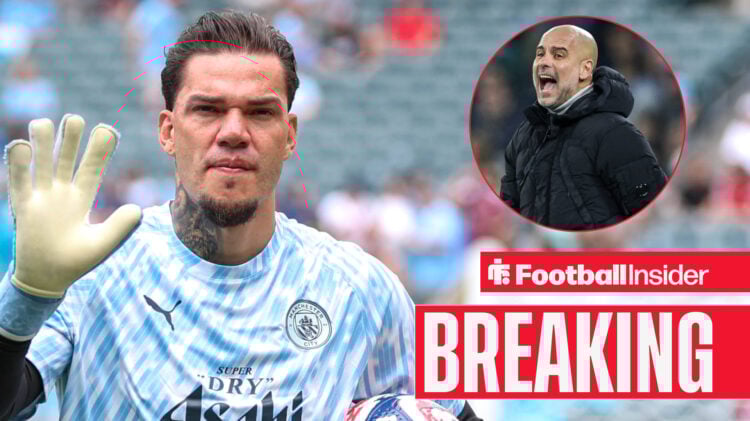Ederson waving, with Pep Guardiola shouting at Man City