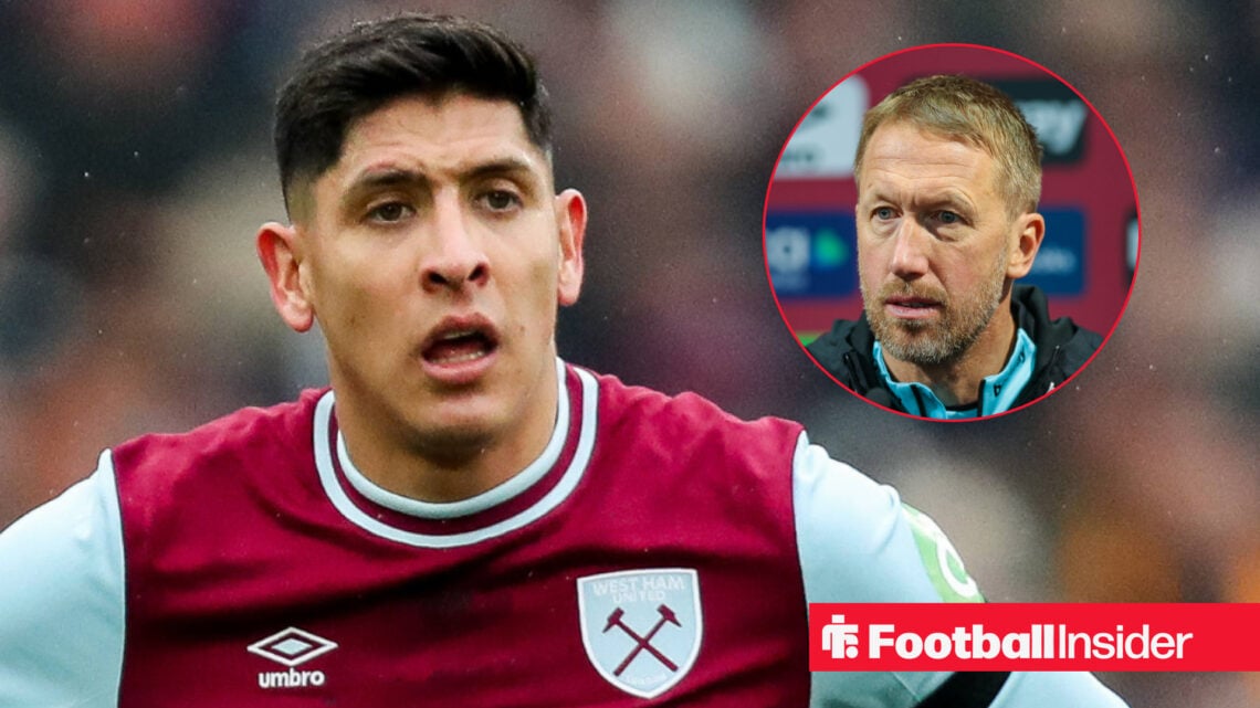 Edson Alvarez with his mouth open looks at West Ham boss Graham Potter