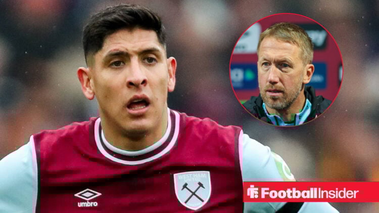 Edson Alvarez with his mouth open looks at West Ham boss Graham Potter