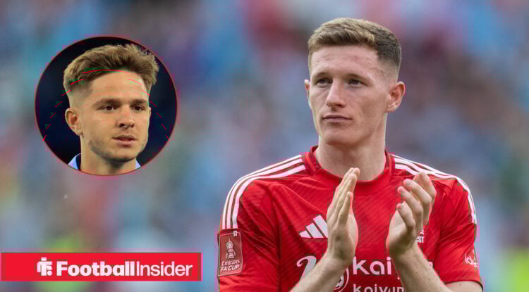 Elliot Anderson of Nottingham Forest clapping the supporters alongside a head shot of Manchester City's James McAtee
