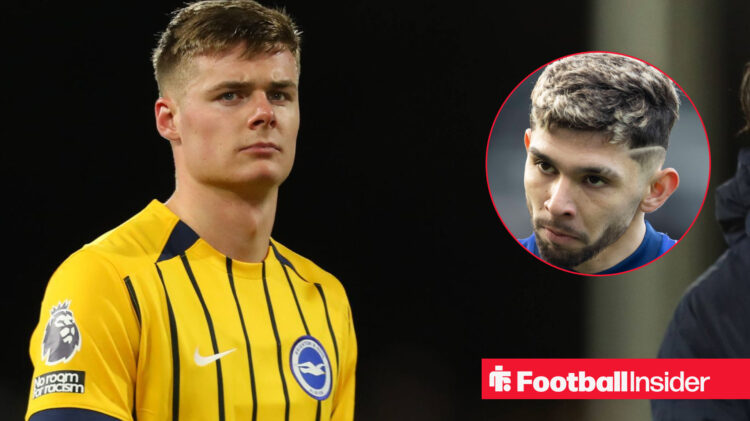 Evan Ferguson in a yellow away Brighton shirt alongside a headshot of Julio Enciso in an Ipswich kit.