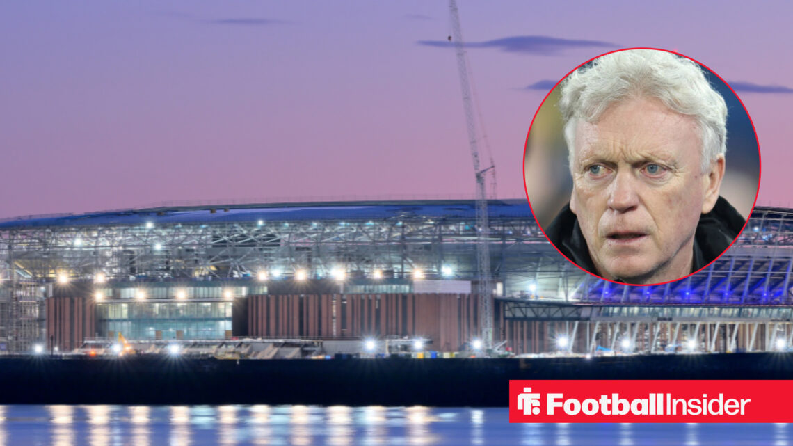 Everton's Hill Dickinson Stadium behind a head shot of Everton manager David Moyes.