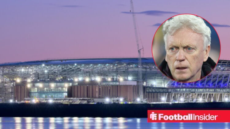 Everton's Hill Dickinson Stadium behind a head shot of Everton manager David Moyes.