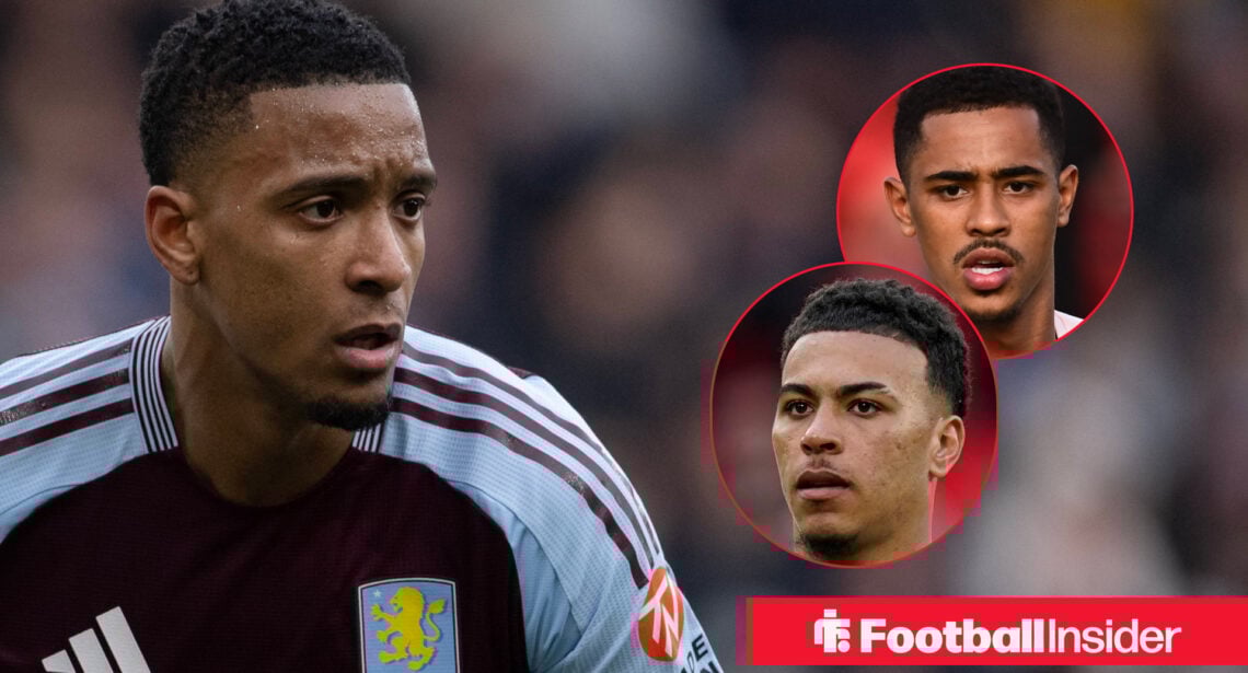 Ezri Konsa in a Aston Villa home shirt alongside head shots of team mates Morgan Rogers and Jacob Ramsey